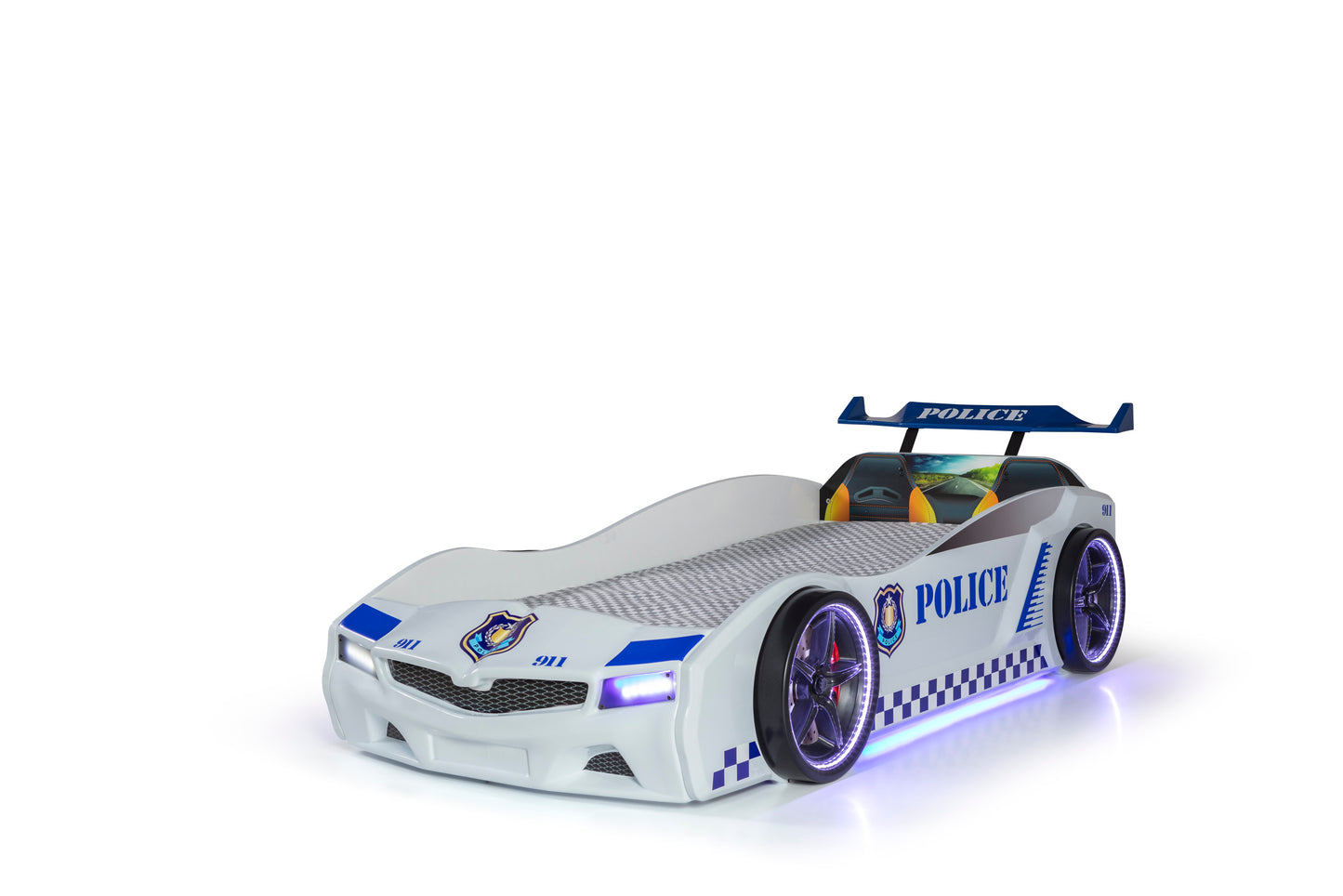 Lit conteneur simple en forme de voiture de police blanc SPX, matelas inclus.