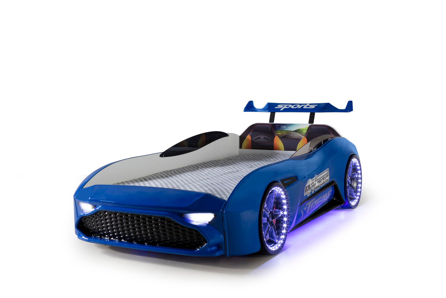 Letto singolo a forma di auto sportiva ASTON colore blu, materasso incluso.