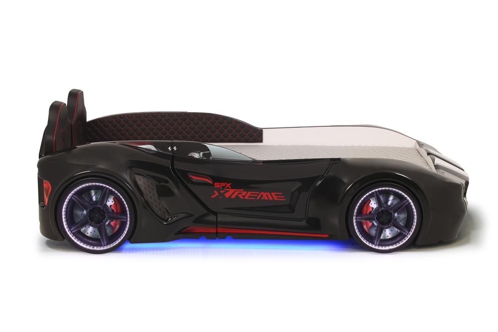 Letto singolo contenitore a forma di auto sportiva colore nero SPX XTREME con controller e musica, materasso incluso.
