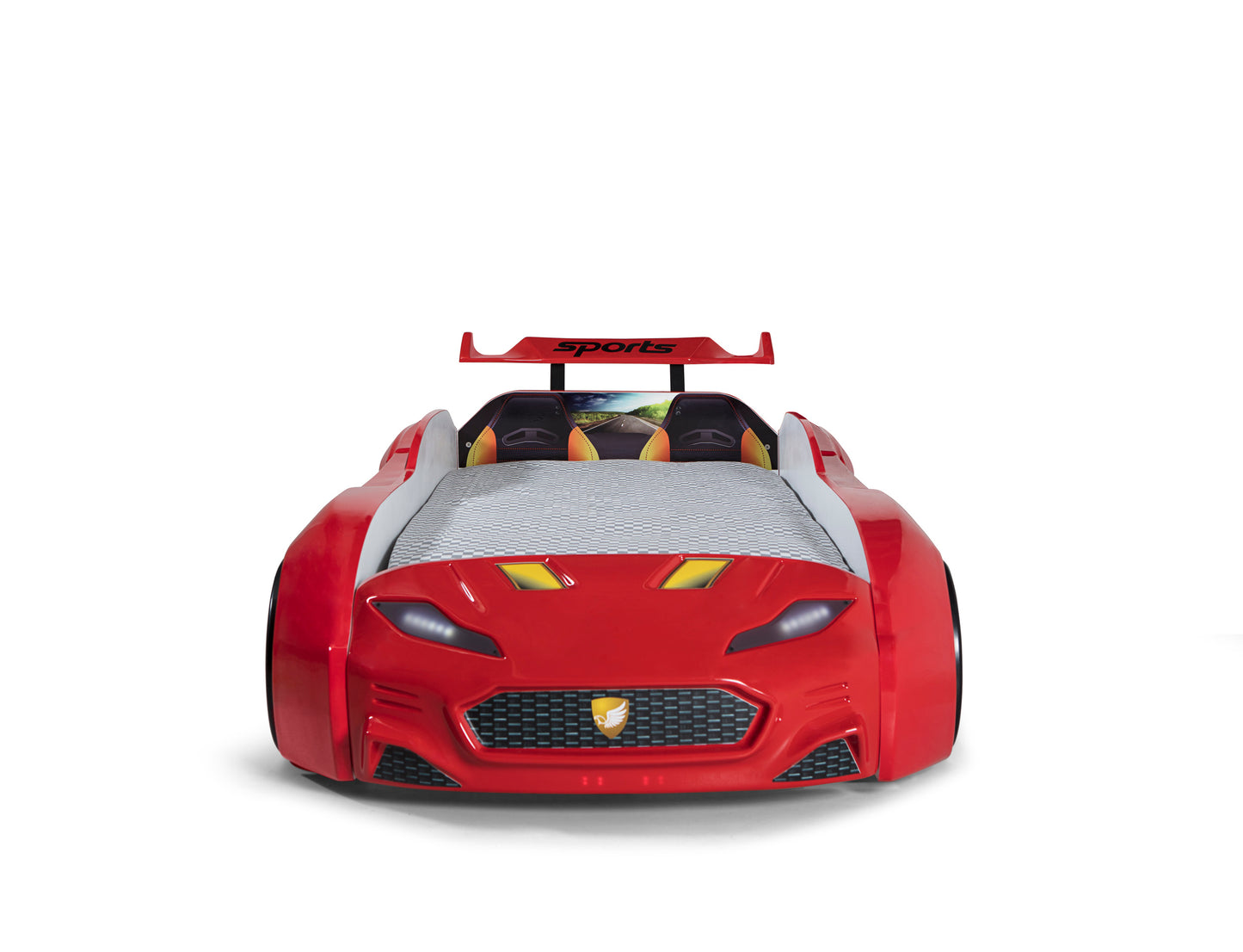 Letto singolo contenitore a forma di auto sportiva colore rosso MAXI  con comandi e musica, materasso incluso.