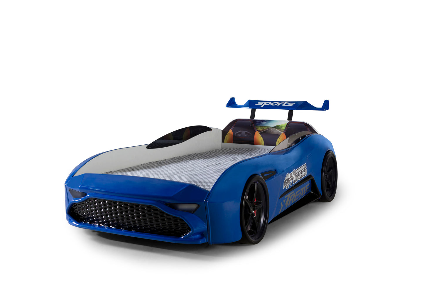 Einzelbett in Form eines ASTON-Sportwagens in Blau, inklusive Matratze.