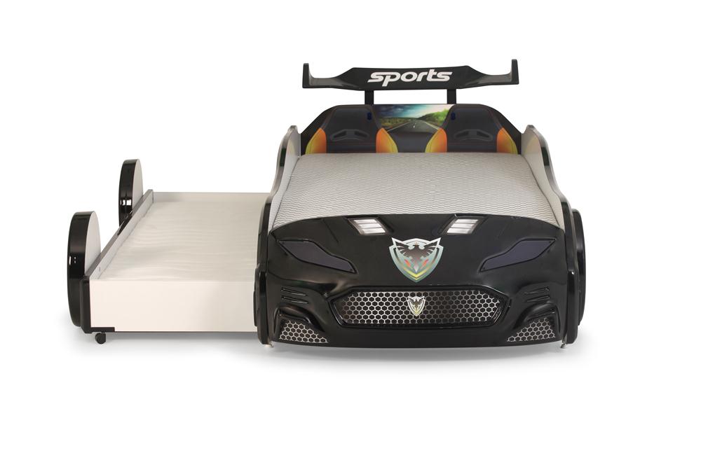 Letto singolo con secondo letto estraibile a forma di auto sportiva colore nero FORZA2, materassi inclusi.