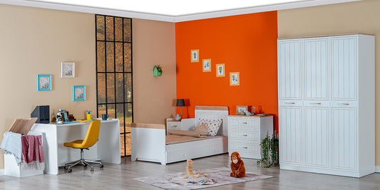 Komplettes Babyschlafzimmer „Mango“ mit Wachstumsbett im Essential-Stil.