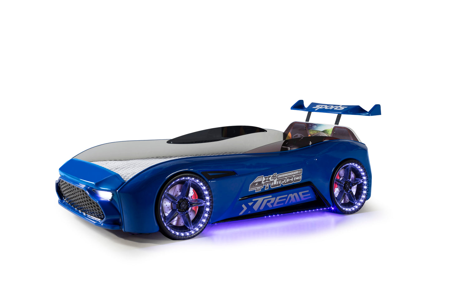 Letto singolo a forma di auto sportiva ASTON colore blu, materasso incluso.