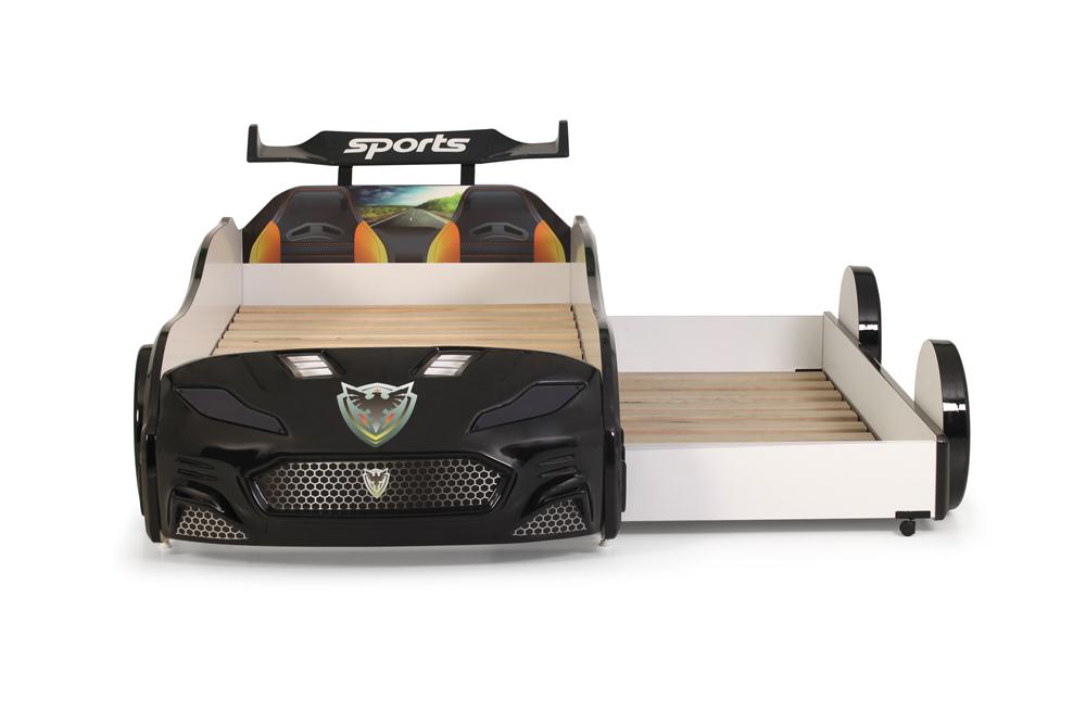 Letto singolo con secondo letto estraibile a forma di auto sportiva colore nero FORZA2, materassi inclusi.