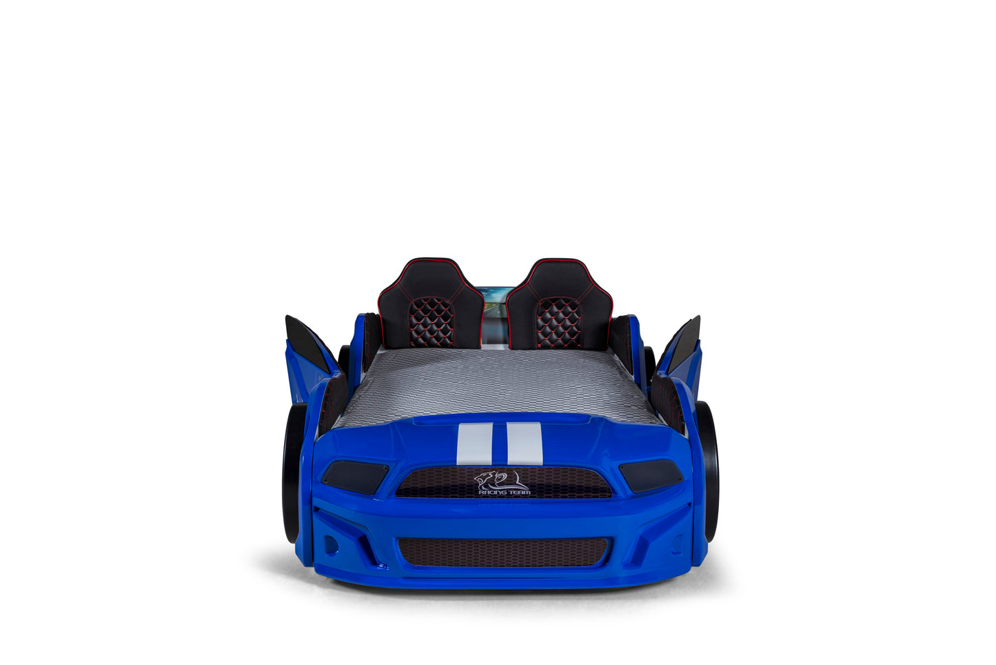 Letto singolo contenitore a forma di auto sportiva MUSTANG colore blu, con apertura porte, materasso incluso.