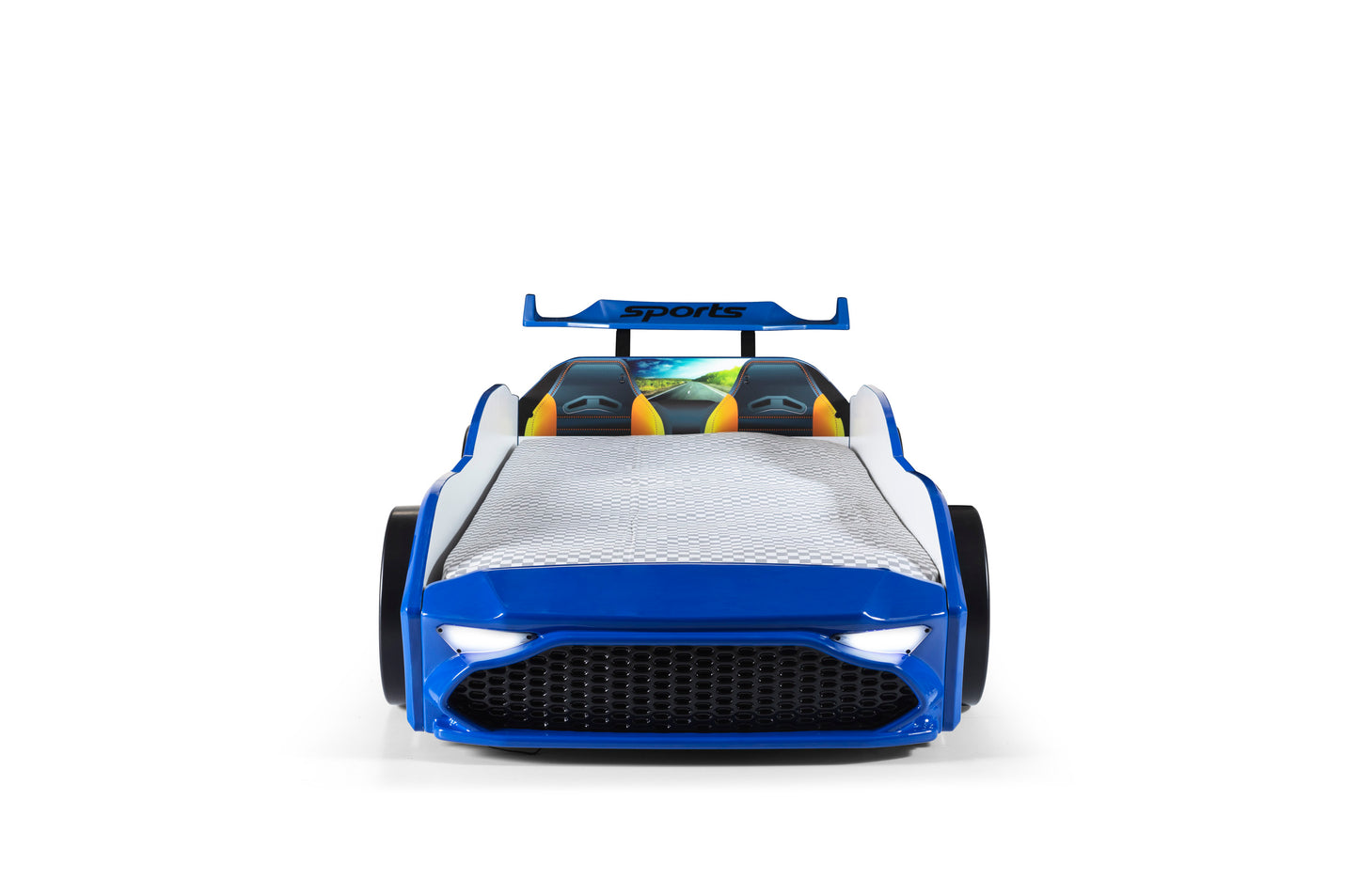 Letto singolo contenitore a forma di auto sportiva colore blu GT18, materasso incluso.