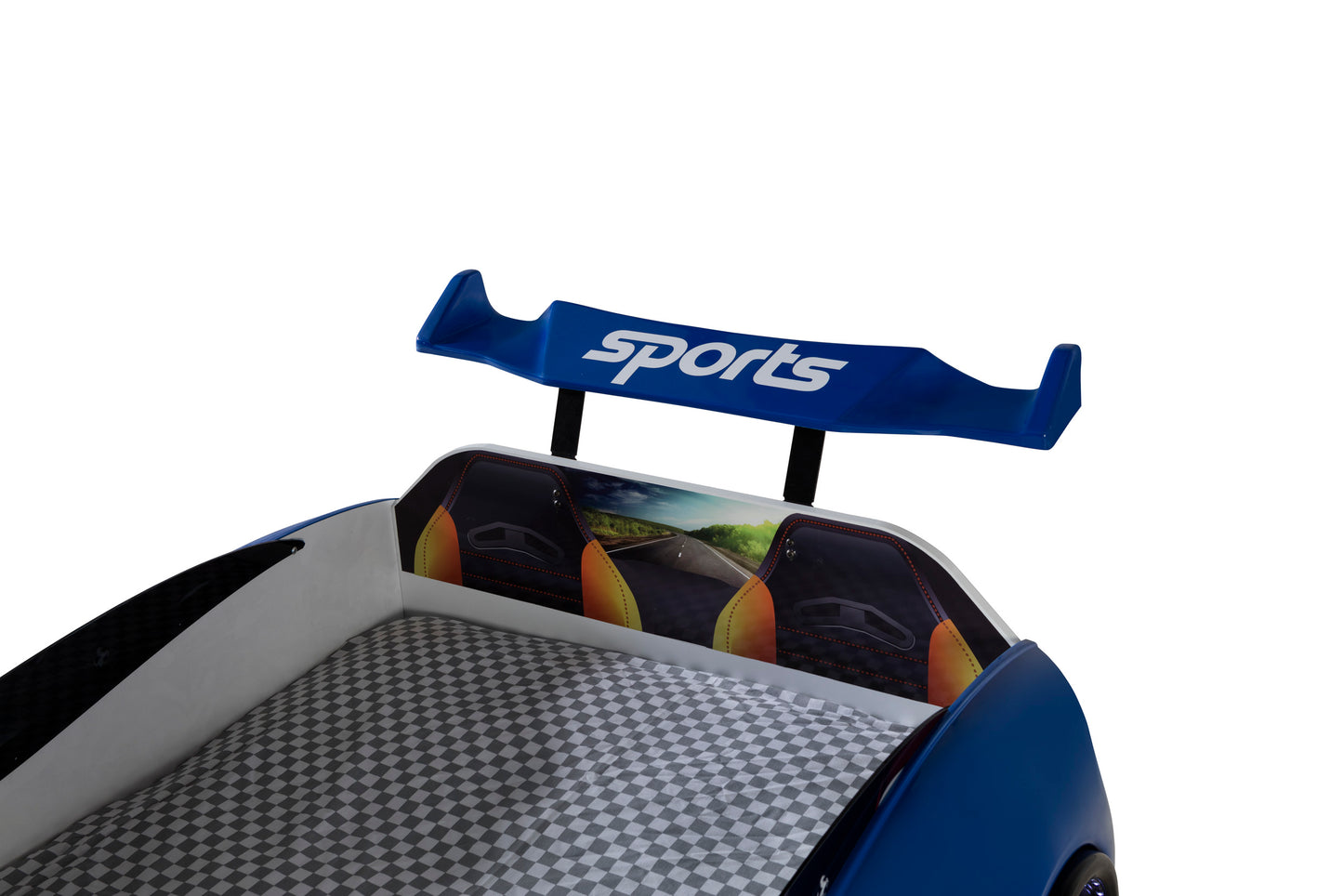 Einzelbett in Form eines ASTON-Sportwagens in Blau, inklusive Matratze.