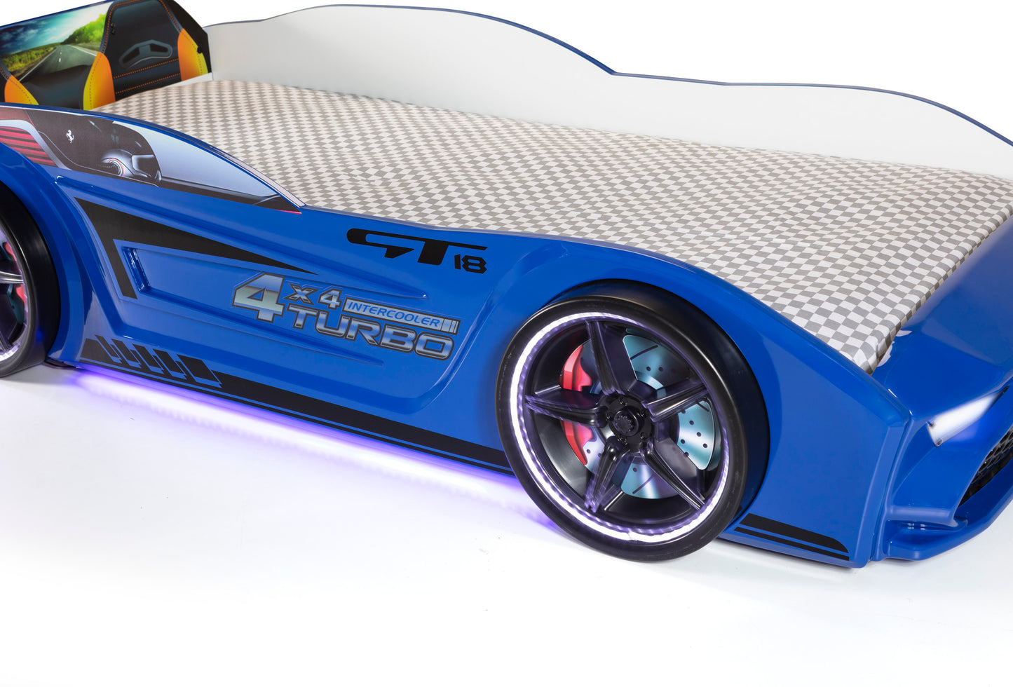 Letto singolo contenitore a forma di auto sportiva colore blu GT18, materasso incluso.