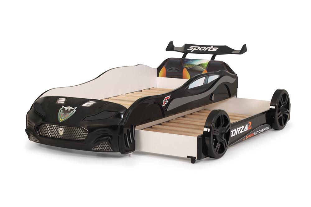 Letto singolo con secondo letto estraibile a forma di auto sportiva colore nero FORZA2, materassi inclusi.