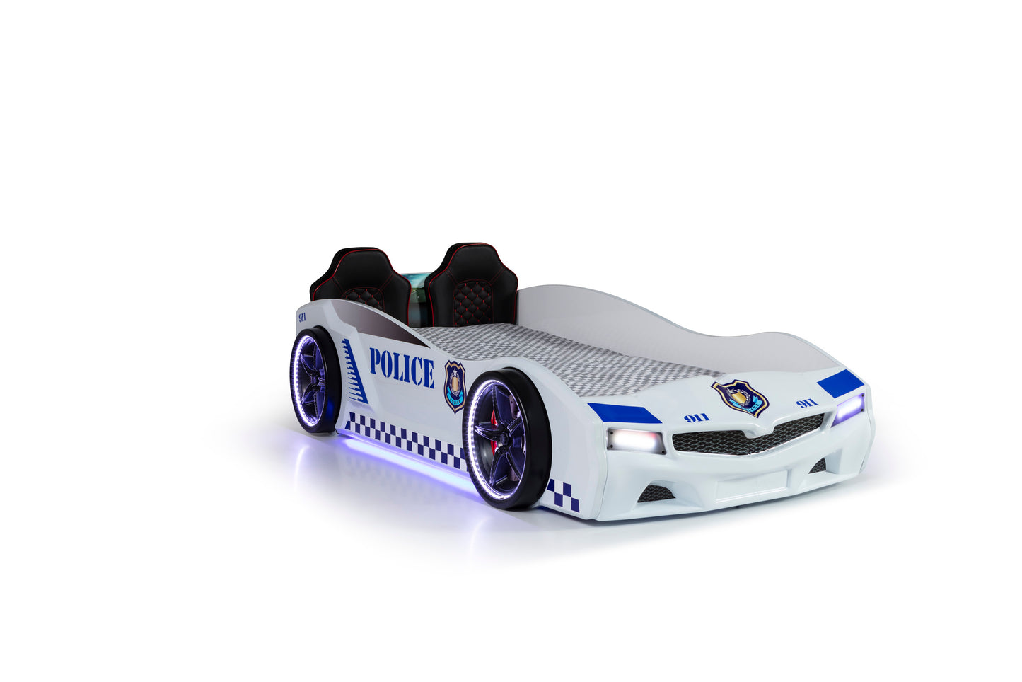 Lit conteneur simple en forme de voiture de police blanc SPX, matelas inclus.