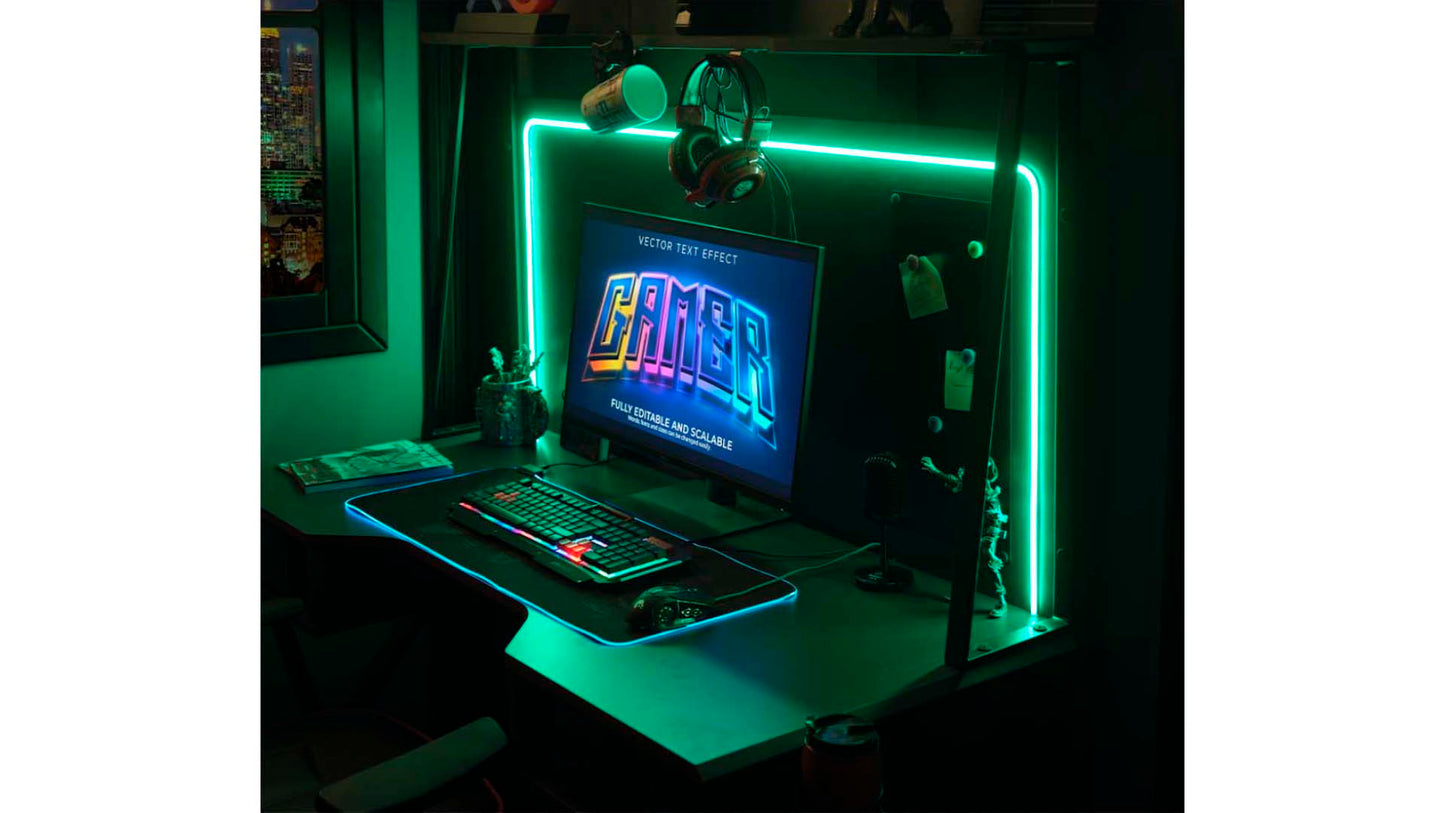 Cameretta completa  per ragazzi "Arcade" stile sala giochi colore nero e led colorati.