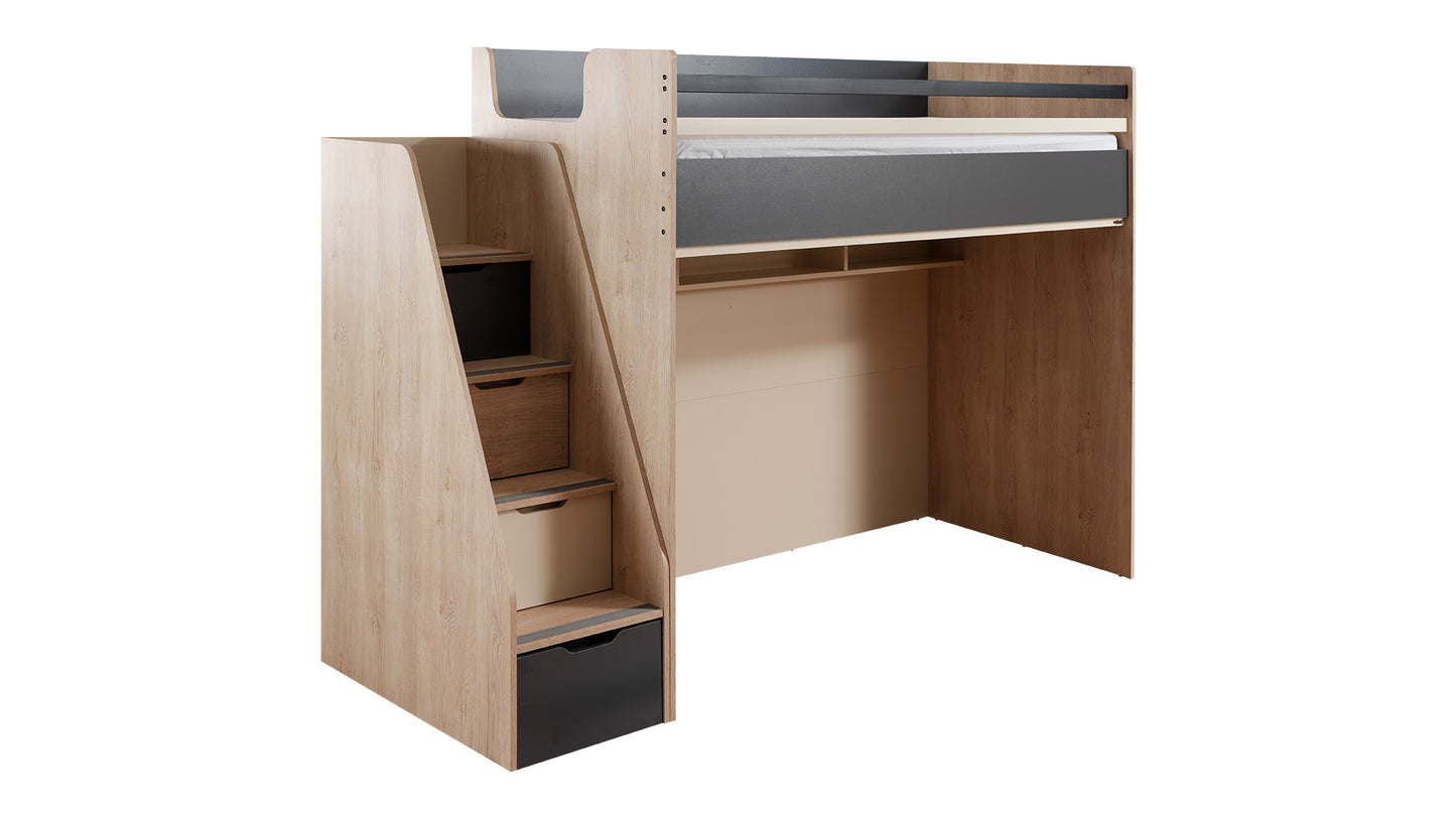 Komplettes Kinderzimmer „Ares“, moderner und funktionaler Stil mit Brückenbett in heller Eiche, Beige und Schwarz.