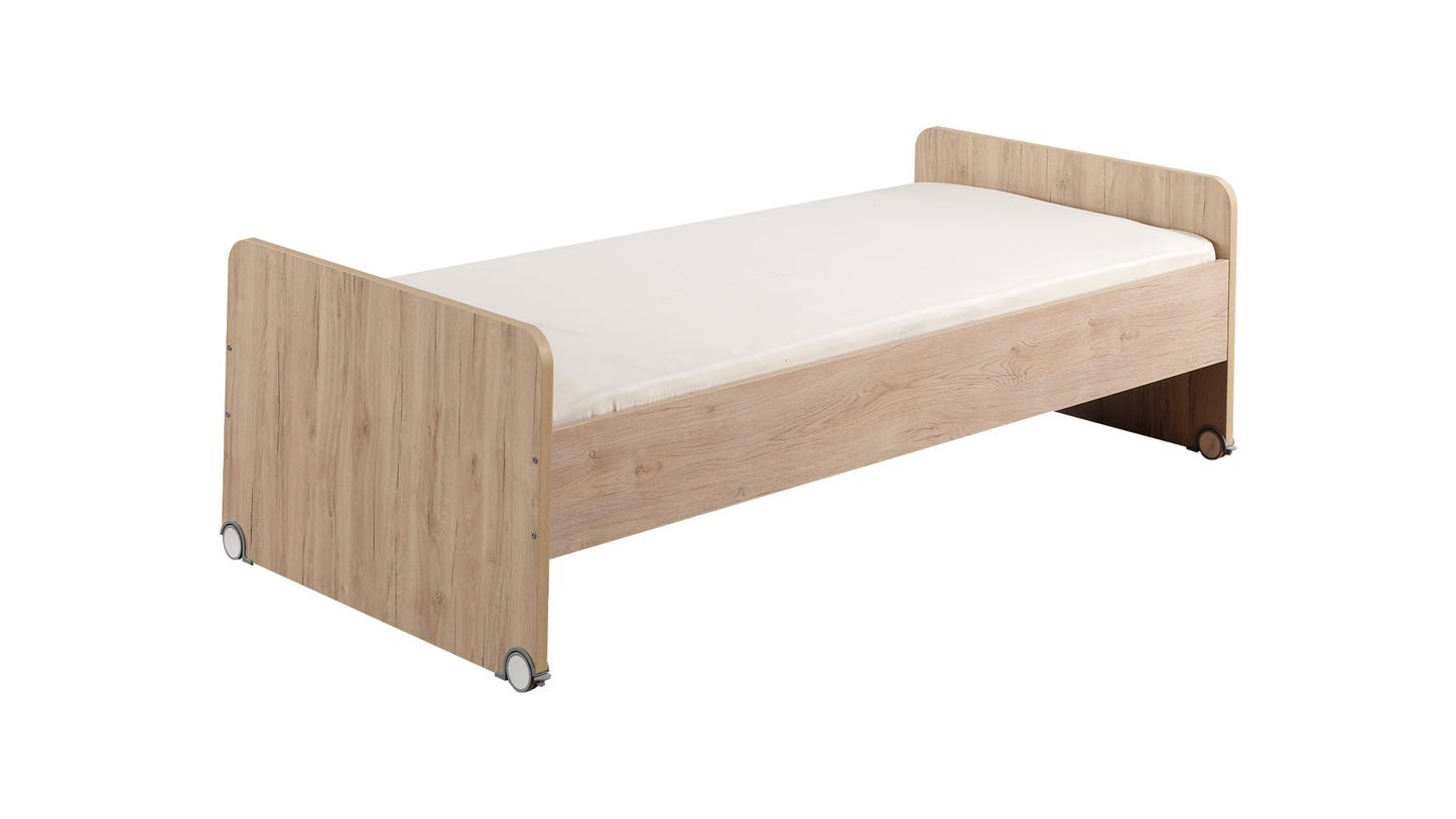 Cameretta completa  per ragazzi "Ares" stile moderno e funzionale con letto a ponte color rovere chiaro, beige e nero.