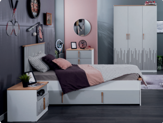 Chambre enfant complète "Lucas" de style contemporain en blanc, noir et bois clair avec deuxième lit gigogne.