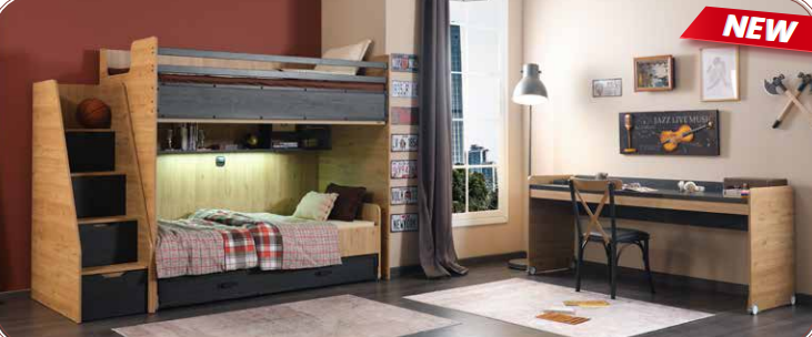 Cameretta completa  per ragazzi "Petra" stile industriale colore rovere chiaro e grigio antracite con letto a castello compatto.