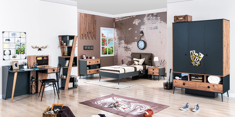 Cameretta completa nera per ragazzo con letto 120x200 stile "Urban"