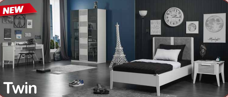 Chambre complète pour garçon "Twin" de style linéaire, couleur blanche avec armoire à trois portes.