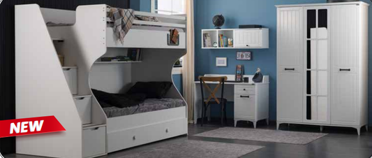 Chambre d'enfant complète "Carmen" de style campagnard moderne en blanc avec lits superposés compacts.