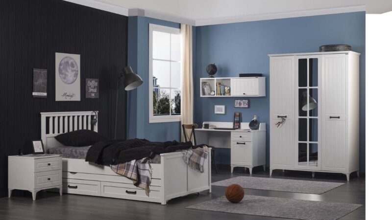 Chambre d'enfant complète "Carmen" de style campagnard moderne, couleur blanche avec armoire à trois portes.