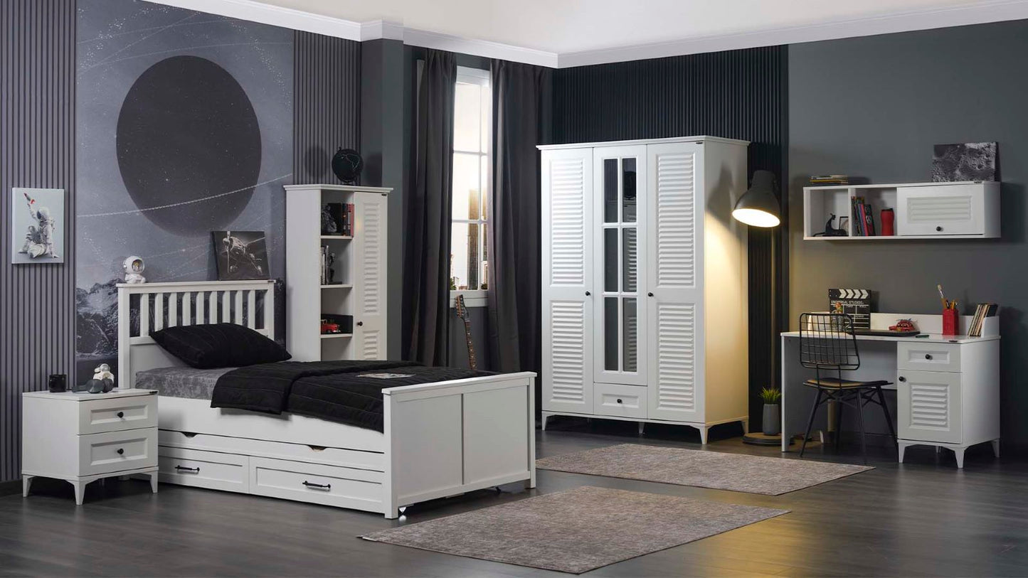 Chambre d'enfant complète "Classe" de style provençal de couleur blanche avec armoire 3 portes.