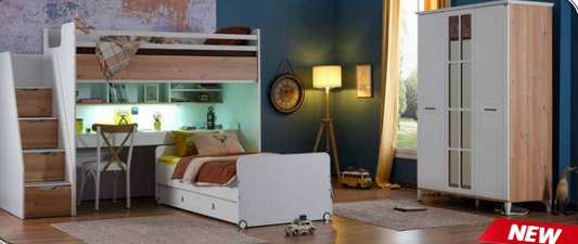 Chambre d'enfant "Diamant" fonctionnelle complète avec lit bridge blanc et chêne clair.