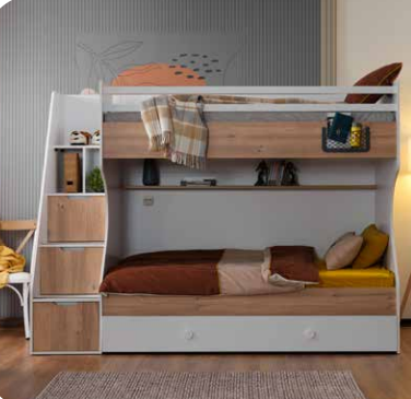 Chambre d'enfant complète "Diamant" en chêne blanc et clair avec lit superposé compact.