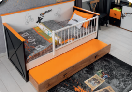 Chambre d'enfant complète "Extreme", style street moderne, gris, orange, noir et bois avec canapé-lit.