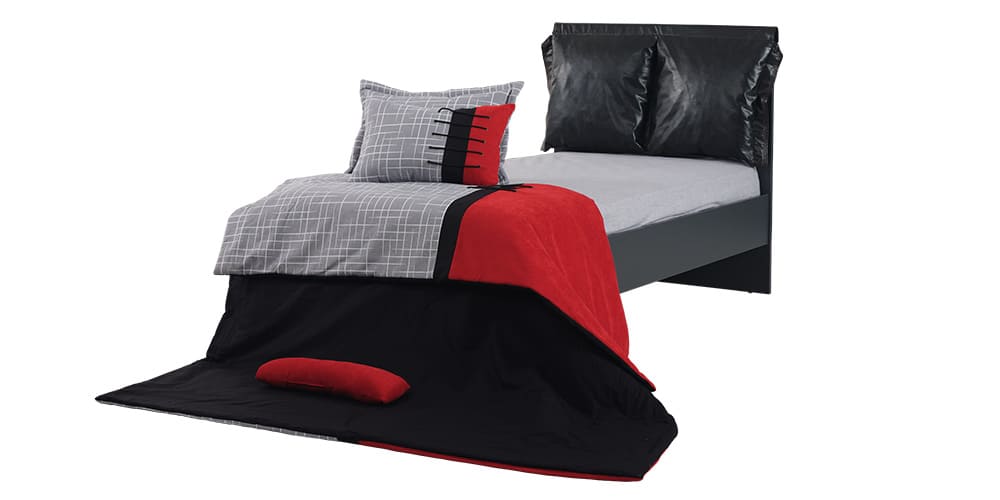 Chambre garçon complète avec lit simple "Flow" gris anthracite et rouge.