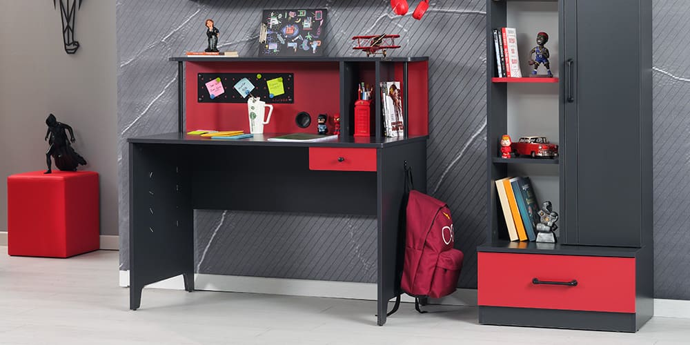 Chambre garçon complète avec lit simple "Flow" gris anthracite et rouge.