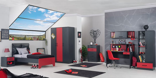 Chambre garçon complète avec lit simple "Flow" gris anthracite et rouge.