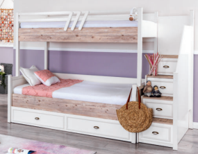 Komplettes Mädchenzimmer „Golden“ in Weiß und hellem Holz mit kompaktem Etagenbett.