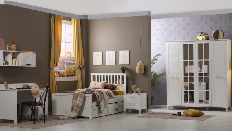 Chambre garçon complète "Golf", style campagne moderne, couleur blanc avec armoire à quatre portes.