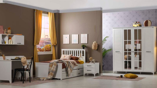 Chambre garçon complète "Golf", style campagne moderne, couleur blanc avec armoire à quatre portes.