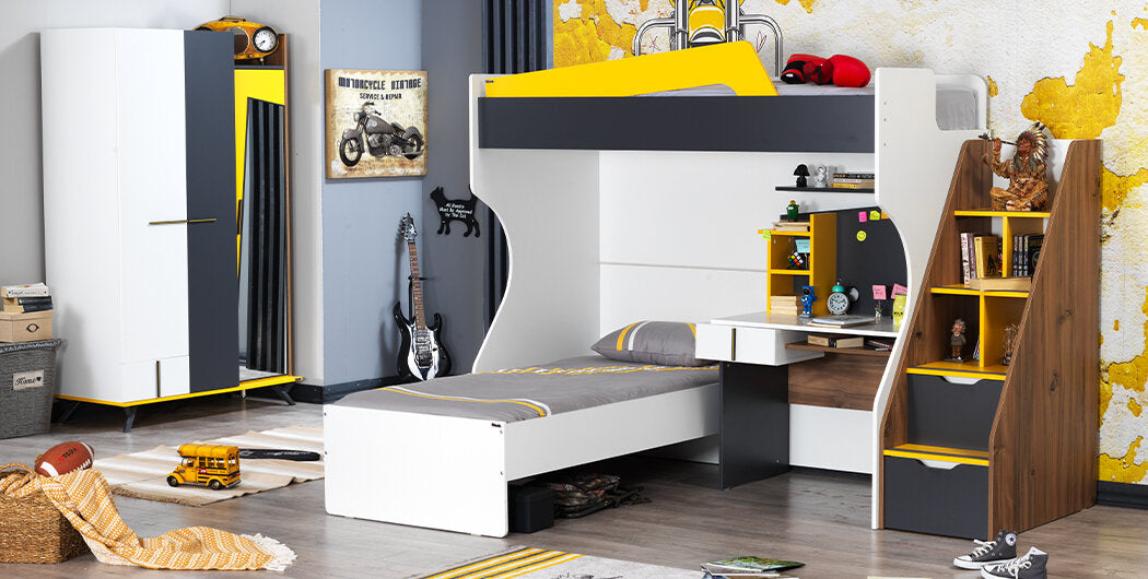 Cameretta completa  per bambini "Halley" stile moderno con letto a castello compatto colore bianco, grigio, antracite e giallo.