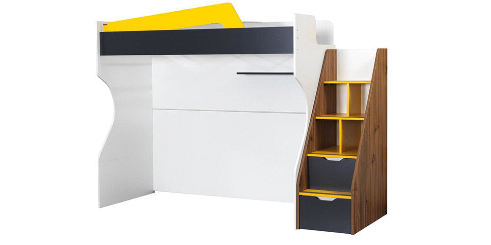 Chambre d'enfant complète "Halley" de style moderne avec lits superposés compacts en blanc, gris, anthracite et jaune.