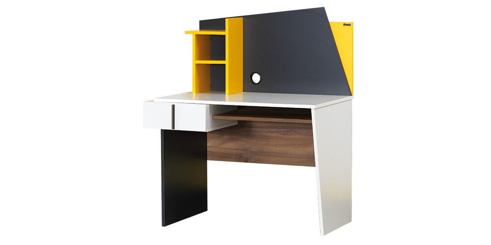 Chambre d'enfant complète "Halley" de style moderne avec lits superposés compacts en blanc, gris, anthracite et jaune.