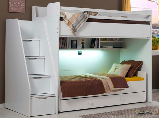 Chambre enfant complète "Joker" blanche avec lit superposé compact et lit gigogne