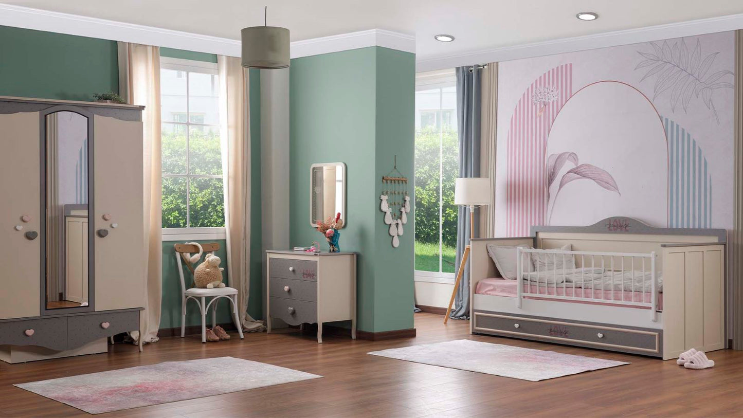 Chambre de fille complète "Juliet", style romantique, couleur gris clair et crème avec canapé convertible.