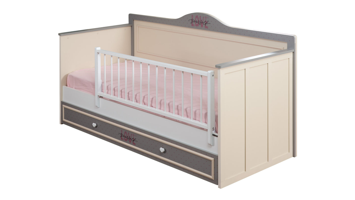 Chambre de fille complète "Juliet", style romantique, couleur gris clair et crème avec canapé convertible.