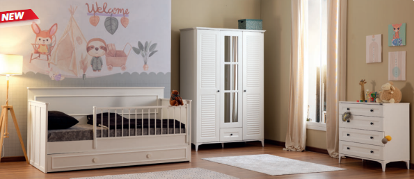 Cameretta completa  per bambini "Junior" stile coloniale colore bianco con divano letto.