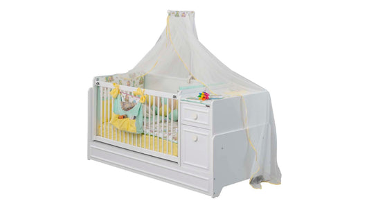 Cameretta completa  per neonati "Junior baby" stile coloniale colore bianco con letto crescita e fasciatoio incorporato.