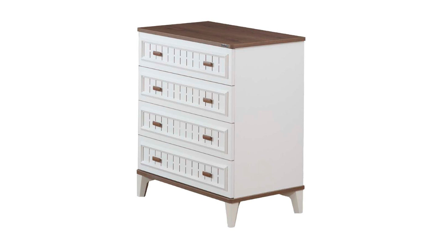 Chambre d'enfant complète "Katre" de style campagnard moderne en bois crème et noyer avec deuxième lit extractible.