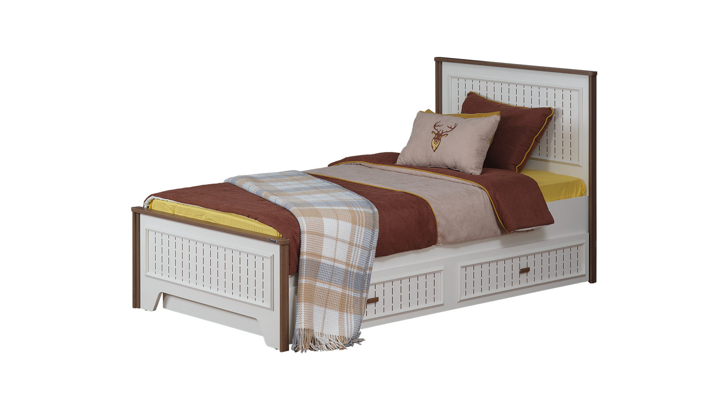 Cameretta completa  per ragazzi "Katre" stile modern country color panna e legno noce con secondo letto estraibile.