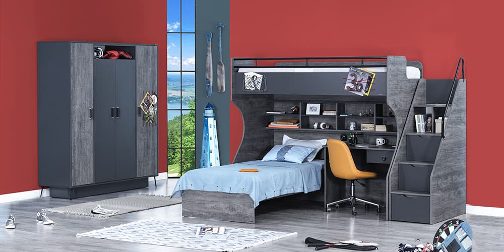 Cameretta completa con letto a castello nero per ragazzo con letto 120x200 stile "Urban"