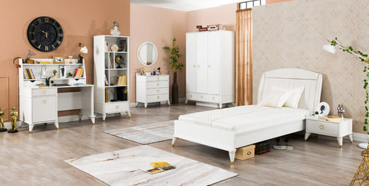 Chambre complète pour filles "Masal", style classique élégant, couleur blanche avec détails dorés, armoire à trois portes.