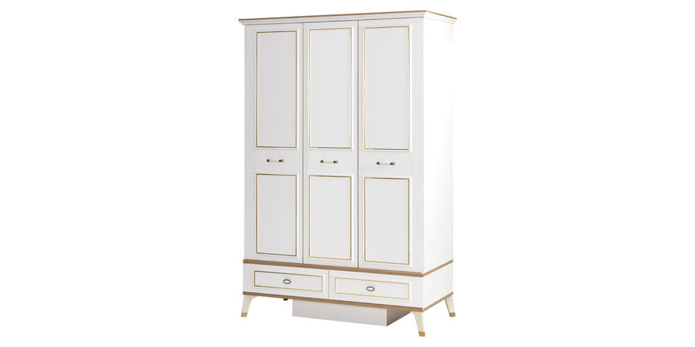 Chambre classique complète pour garçon "Nuovo Sogno" en détails blanc, bois et or avec armoire à trois portes.