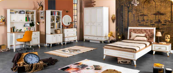 Chambre classique complète pour garçon "Nuovo Sogno" en détails blanc, bois et or avec armoire à trois portes.