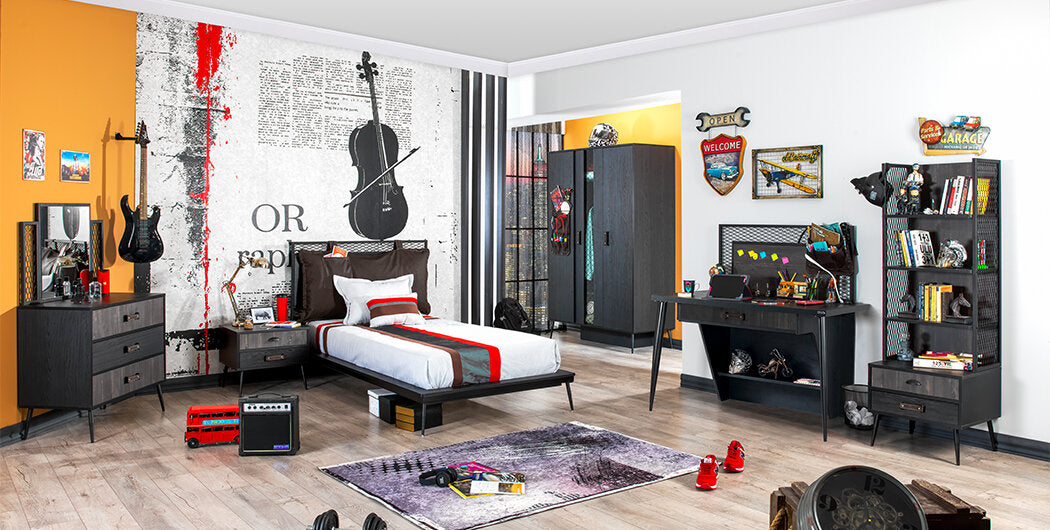 Chambre garçon complète "Polo" avec lit queen size gris anthracite et gris clair.