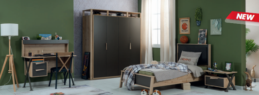 Chambre enfant complète "Relax" de style contemporain en chêne clair et gris anthracite, armoire 4 portes.